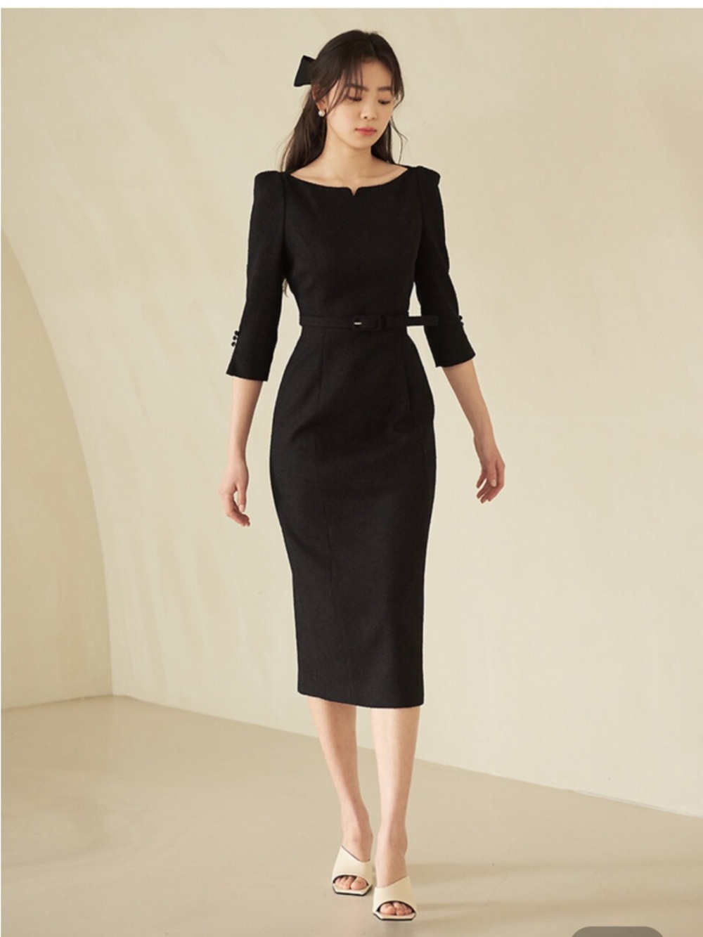 Classic Black Belted Midi Dress with Three-Quarter Sleeves